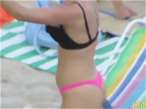 pink swimsuit first-timer bra-less voyeur Beach dolls